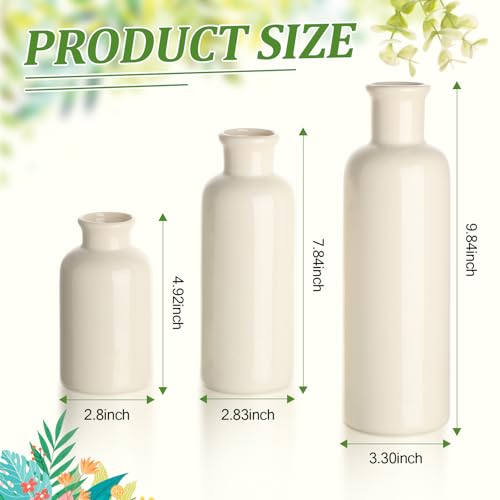 Geelin 6 Pcs Boho Rustic Table Centerpieces, 3 Modern Ceramic Vases, Wooden Slice Tray, Farmhouse Wood Beads Garland with Tassel, Artificial Vines for Dining Home Table Decor(White) - color: White
