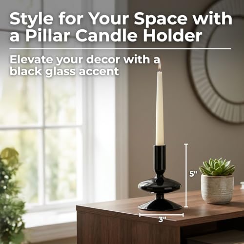 Vintage Glass Candle Holder for Pillar Candles – Taper Candle Holders for Table Decor, or Living Room – Stacked Disc Design Candlestick Holders, Boho Home Decor – 5", Black - color: Black, size: 5.0" H
