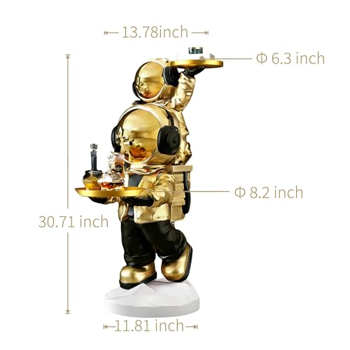 Large Astronaut Statue, Astronaut Sculpture, Astronaut Decoration, Cool Metal mask Decor, Floor Sculpture, Suitable for Living Room, Bedroom, Stores, etc., Tray can be Used for Storage - color: Matte Gold
