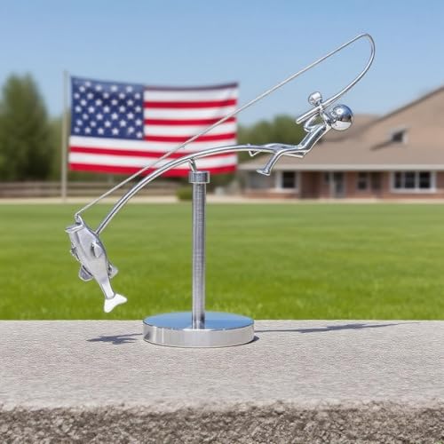 Kinetic Fishing Sculpture - Balancing Desk Toy for Office Decor, Stress Relief Gift for Men, Fisherman Art Deco for Home Desk, for Anglers
