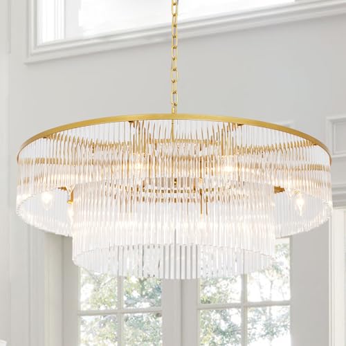 Gold Glass Chandelier Lighting Modern, 10 Light 2 Tier High Ceiling Chandelier Fixture Foyer Dining Room Ceiling Hanging Pendant Lighting Living Room 32" - size: Medium Gold (32" x 70")