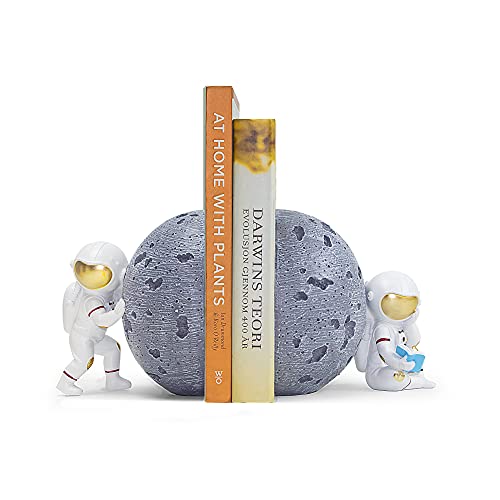 Heavy Duty Astronaut Bookends, Space-Themed Book Ends for Kids Room & Nursery Decor, Gray Moon Book Stoppers to Hold Books, Decorative Bookends for Shelves, Ideal for Boys and Girls - color: Gray
