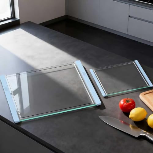 Tempered Glass Cutting Board Set for Kitchen Counter - Dishwasher Safe with Juice Grooves, Non-Slip Silicone Edges & Beveled Grip - 16"x12" & 12"x8" Serving Tray (Blue) - color: Blue