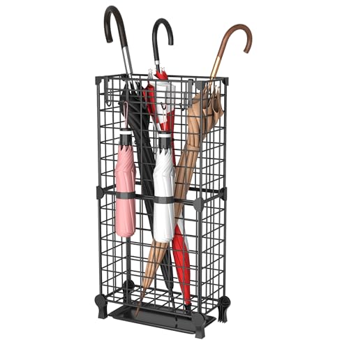 AWTATOS Umbrella Holder Entryway, Umbrella Stand Freestanding, Metal Square Umbrella Rack Organizer with a Removable Drip Tray, Hooks, Black - color: Black
