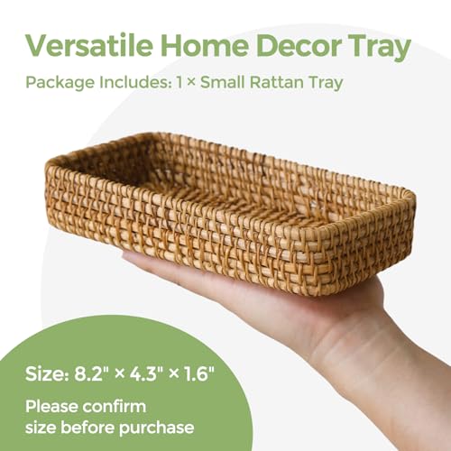 Small Rattan Serving Tray, Natural Wicker Decorative Tray Handwoven for Keys Trinkets Rings Cosmetics, Decorative Jewelry Perfume Tray for Coffee Table Entryway Living Room(8.2" × 4.3") - style: XS (8.2" × 4.3")