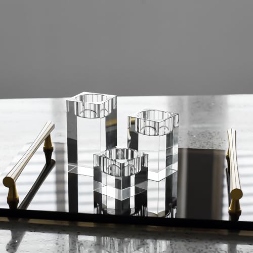 Kitcom Crystal Tealight Candle Holders Set of 3, 1.97/3.15/3.94 Inches Height, Heavy Solid Hand Cut Tealight Candlesticks Set, Table Centerpieces for Home Decor, Clear