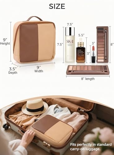 Large Standing Makeup Bag, Sturdy PU Leather Cosmetic Organizer with Fold-Down Phone Tray, Waterproof Travel Toiletry Case with Wipeable TPU Brush Holder, 9.5 Inch, Brown - color: Brown