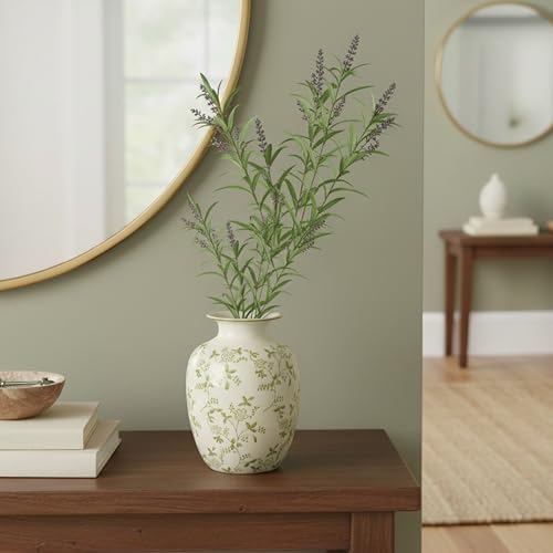 Green and Beige Ceramic Vase for Pampas Grass, 7 Inch Vintage Floral Vase for Eucalyptus, Botanical, Home Decor for Bathroom, Bedroom, Nightstand - color: Green and Beige