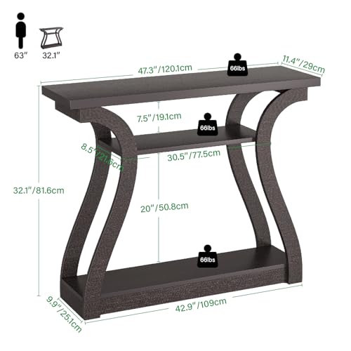 47" Wood Console Table for Entryway, Narrow Sofa Table with 3-Tier Shelves, Curved Legs Farmhouse Hallway Table, Skinny Console Table Behind Couch, Rustic Wooden Entry Table for Living Room (Brown) - color: Reddish Brown
