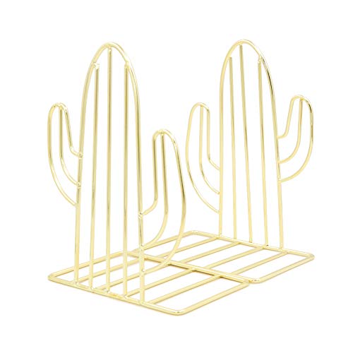 Winterworm Metal Bookends Book Ends Heavy Duty Modern Decorative for Bedroom Library Office School Book Display Desktop Organizer Gift(Cactus Gold) - color: Cactus Gold