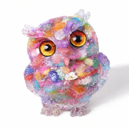 OwMell Owl Statue Tumbled Stone Gemstone Owl Figurine Home Decor Shelf Decor 2.5" - Rainbow - color: Rainbow