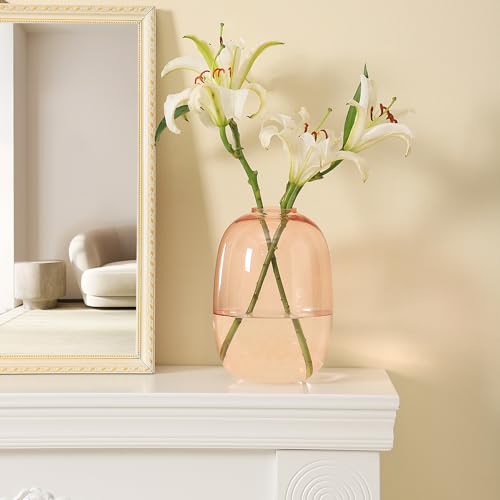 Pink Glass Vase, 10 Inches Large Glass Vase for Flowers, Tall Glass Vases for Modern Decor, Floor Vases for Living Room, Dining Table, Mantle, Shelf, Wedding, Office, Entryway, Centerpiece - color: Pink