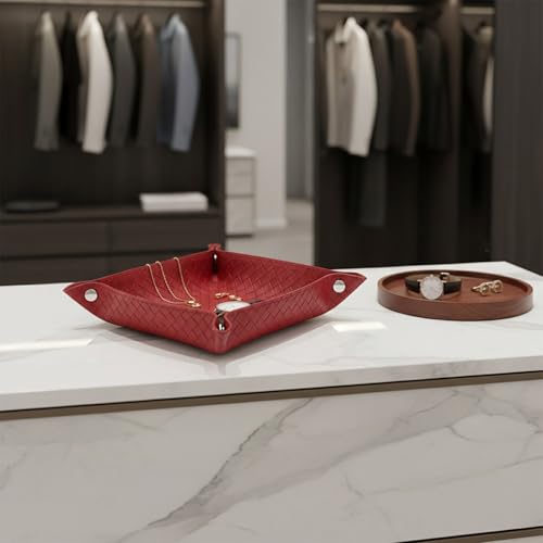 UnionBasic Small Valet Tray, Jewelry Tray for Rings Watches Earrings, Entryway Catchall Caddy for Coins Keys Change, Nightstand Bedside Valet Holder, Trays for Electronic Gadgets, Woven Red - color: Woven Red, size: 5.4" x 5.4" x 1.6"