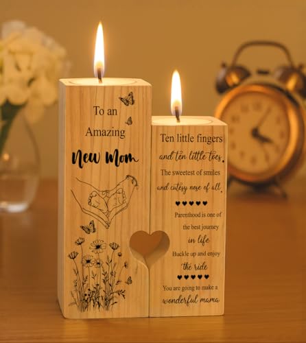 New Mom Gifts – Wooden Candle Holder with Poem – Gift for New Mom After Birth, Postpartum Gifts, Pregnancy Gifts for Expecting Mom, Push Presents, First Time Mom Gift - size: NEW MOM