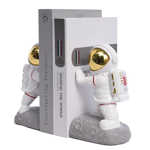 Space Decor Bookends, Resin Astronaut Bookshelf Ends for Kids Rooms Gold Book Ends for Heavy Books Fun Heavy Duty Book End Holder Astronaut Figurine Statue for Office Home Room(D-Gold) - color: Astronaut D-gold