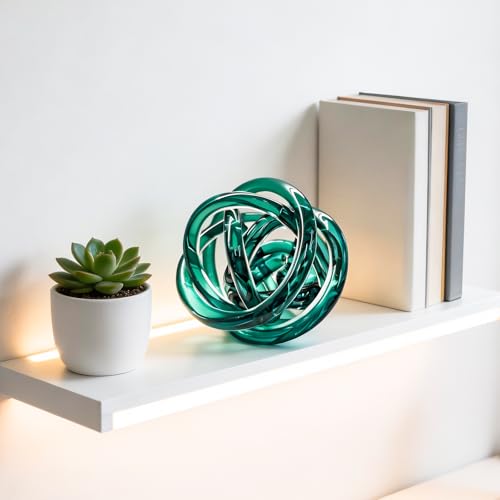 Glass Knot Teal Decor Ball - 5 Inch Hand Blown Infinity Sculpture Orbit Home Decor Table Decoration Interio Art - color: Lake Green, size: 5-Inch Diameter