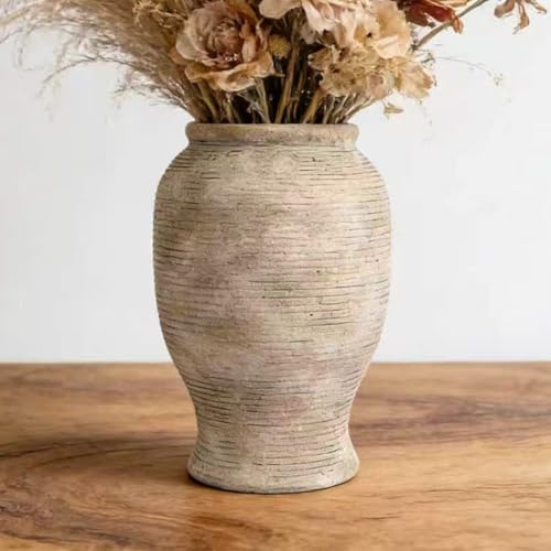 9" Ceramic Vase for Flowers - 100% Waterproof Farmhouse Rustic Flower Vase, Hand-Finished Ribbed Textured Decorative Vase, Distressed Oatmeal Pottery for Modern Home Decor, Mantel, Shelf