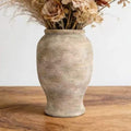 9" Ceramic Vase for Flowers - 100% Waterproof Farmhouse Rustic Flower Vase, Hand-Finished Ribbed Textured Decorative Vase, Distressed Oatmeal Pottery for Modern Home Decor, Mantel, Shelf