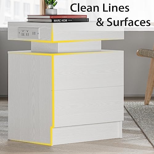 LIKIMIO Night Stand with Charging Station, Modern White Nightstand with LED Light and Drawers, Bedside Tables/End Table for Bedroom - color: White