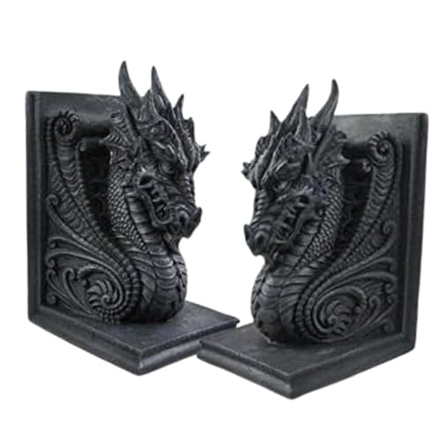 Bellaa 25617 Dragon Bookends Gothic Midieval Castle Mystic Decorative Retro Vintage Book Ends Holder Heavy Stoppers Bookshelf Books Shelves Library Shelf Dividers - color: Black
