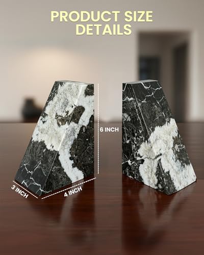 Black Marble Bookend 6" - Book Stoppers for Bookshelves - Modern Decorative Marble Bookends for Home and Office, Black Zebra - color: Black