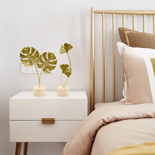 2 Pcs Metal Gold Decor Statues, Leaves Ornaments Modern Creative Home Décor Accents Statue for Office, Room, Bookshelf, Home Decor (Monstera, Ginkgo)