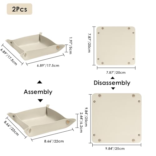 2 Pack (Size:9.84"&7.87") PU Leather Jewelry Valet Tray,Portable Entryway Table Nightstand Desk Tray Catchall Travel Plate Organizer for Phone, Keys, Wallet, Watch,Coin (Beige) - color: Beige