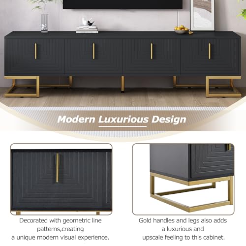 ON-TREND Modern TV Stand with Metal Legs and Gold Handles for TVs Up to 80'', Media Console Table with Cabinets and Adjustable Shelves, Luxury TV Cabinet with Geometric Lines for Living Room, Black - color: Black+gold1