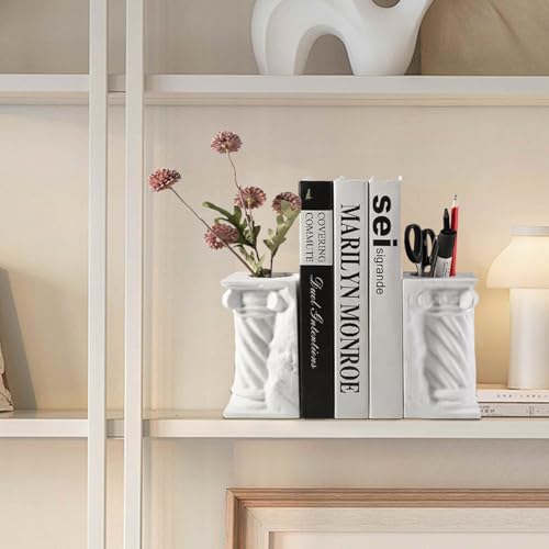 Decorative Roman Column Book Ends & Vase - Heavy Duty Marble Book Ends for Heavy Books, Vintage Home Office Decor, Dual Use as Flower Vase, Natural Stone Bookends for Shelves (2PC, White) - style: Classical -White