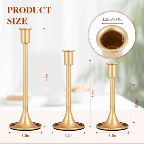 12 Pcs Gold Taper Candle Holders Lengthen with Anti-Slip Pad Vintage Low Metal Candles Metal Gold Candlestick Holder Set for Table Centerpiece,Weddings, Dinners Christmas Decor, 3 Sizes