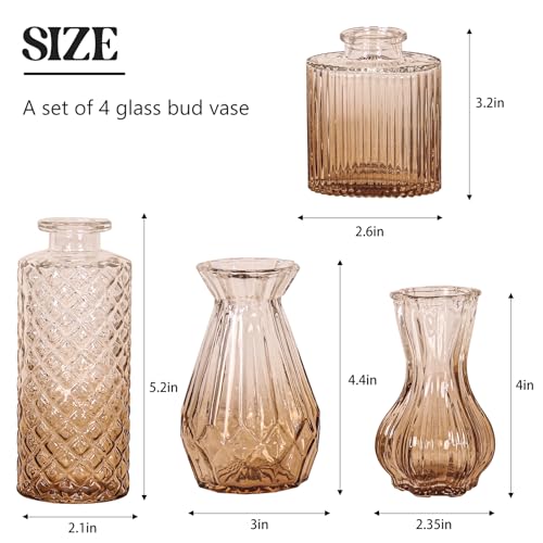 Set of 4 Glass Bud Vase Set, Small Vintage Clear Flower Vase Centerpieces for Table Bulk Cute Rustic Style Mini Vase for Home Decor Wedding Baby Shower Birthday Party(Ombre Amber) - color: Ombre Amber