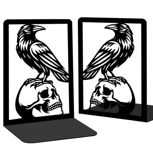 Raven and Skull Decor Gothic Metal Bookends for Shelves, Office Desk Organizer Book Ends for Heavy Books, Home Office Desk Bookshelf Decor Gift for Gothic Lovers and Reading Enthusiasts - style: Crow