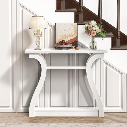 Wooden Console Table with Curved Legs and Shelf, 3-Tier Modern Accent Narrow Sofa Table for Entrance Area, Living Room, Hallway, 47 in Wide Wood Console Table for Entryway (White) - color: White