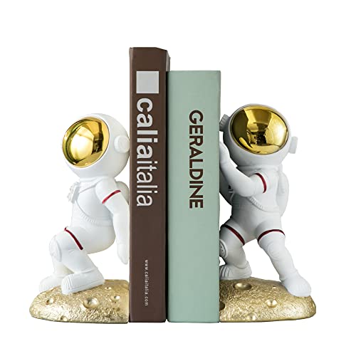 Space Theme Bookends for Shelves, Astronaut Moon Book Ends for Kids Room, Decorative Planet Book Stoppers to Hold Books Heavy Duty, Unique Boys and Girls Gift (Gold) - color: Gold - Astronauts