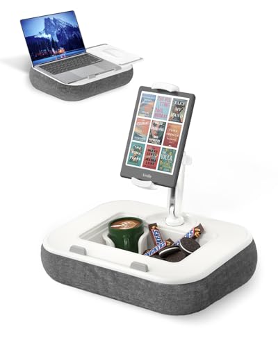 Viozon Kindle Pillow Stand Holder, Phone Holder for Bed, Laptop Lap Desk with Mouse Pad,Compatible with 4.7-13" Kindle/Tablet/Phone,10-15" Laptop, Snack Bowl&Cup Attachment&Detachable 360°Stand Arm - color: White/Grey