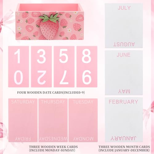 AceOrbit Pink Strawberry Wood Block Perpetual Calendar Coquettish Desk Decor Cute Month Week Date Display Decorative Block Calendar for Women Office Home Desk Gift for Women - style: Pink Strawberry