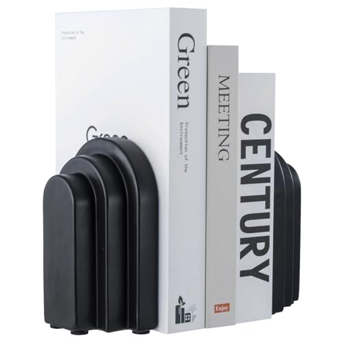 MyGift Black Concrete Bookends Decorative Arch Design, Book Ends for Heavy Books, Book Stopper for Shelves, Minimalist Home and Office Organizer, Modern Art Decor, 1 Pair