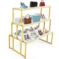 Metal Shoe Handbag Display Table，3 Tier Heavy Duty Risers Display Stands，Modern Standing Display Riser Shelf for Retail Stores Vendor Events, Iron and Wood, Gold