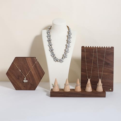 GemeShou Wooden ring organizer holder for jewelry, Stable ring display stand for boutique store, walnut base with white ring cones for jewelry selling【Ring holder-Cone 5】 - style: Five Cone