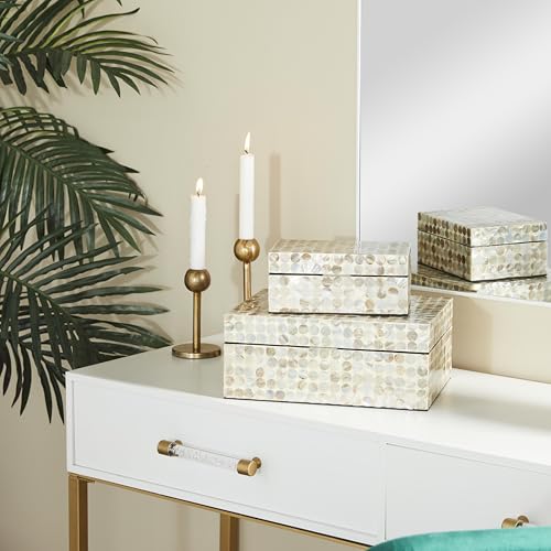 Deco 79 Mother of Pearl Shell Geometric Handmade Decorative Box Decorative Keepsake Boxes with Hinged Lid, Set of 2 Storage Boxes 12", 8"W, Cream - color: Beige, size: 12", 8"W