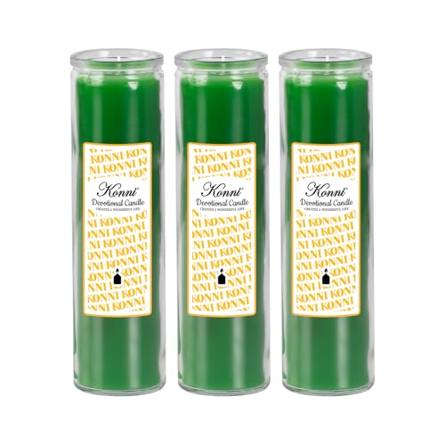 KONNI 2x8 Inch Green Pillar Candles in Glass Set of 3, Devotional Prayer Candle, Unscented Religious Candles, 105 Hours Emergency Long Burning, Ideal for Memorials, Vigil, Blessing - color: Green