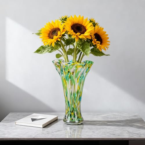 9.1H Murano Hand Blown Glass Vase, Ruffled Scalloped Rim Trumpet Shape, Wide Mouth Colorful Decorative Glass Vase, Sculptural Art Centerpiece for Living Room Table, Bathroom, Office Shelf (Green) - color: Green