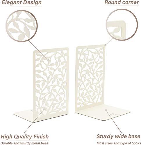 CNK Infinite Leaves Bookends - Metal Set of 2 for Heavy Books, Home Office & Decorative Book Stoppers - color: White