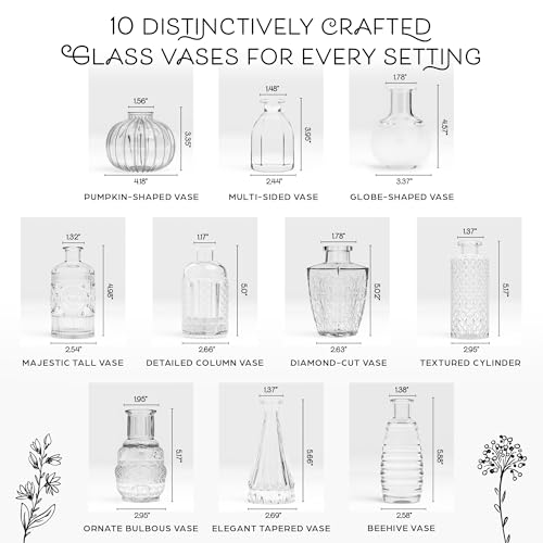 Gather & Bloom Creations Glass Bud Vases in Bulk – Set of 10 Mini Wedding Centerpiece Vases – Durable, Vintage-Inspired Clear Glass Vases for Flowers and Table Decor