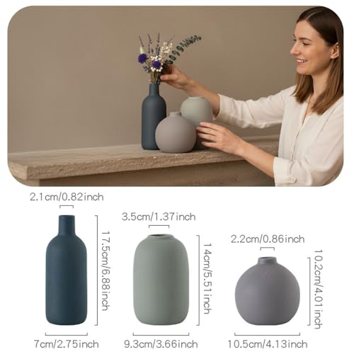 Ceramic Vase Set of 3 - Small Modern Minimalist Ceramic Bud Vases for Home Decor - Boho Aesthetic Flower Vases for Desk, Shelf & Table, Mantle, Bookshelf (Cute & Versatile) (Neutral Mix) - color: Neutral Mix