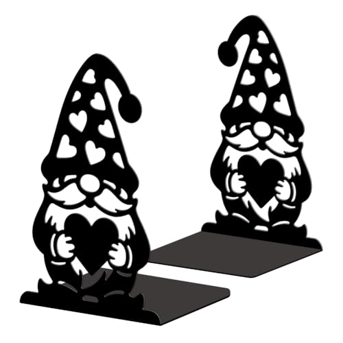 Peacoblue Metal Bookends for Shelves, Modern Decorative Heavy Duty Study Book Ends Stoppers for Office, Desk, Shelf, Room 5.3"x4.3"x7.9" Cast Iron Simple Tall Bookends 1 Pair (Gnome with Heart) - style: Gnome with Heart