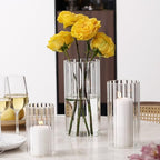 PHOSPHOR 6 PCS Ribbed Glass Candle Holder, Cylinder Candle Holders for Pillar Candles, Clear Glass Hurricane Candle Holders 6'', 8'', 10'' Glass Cylinder Centerpieces Vases - color: Striped Glass 6 Pcs