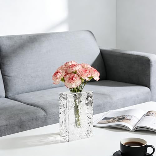 Crystal Flower Vase with Glacial Texture,Heavy Duty Large Clear Vase for Dining Table Kitchen Office Home Shelf Display Wedding Living Room Centerpieces - color: M-cv267-s