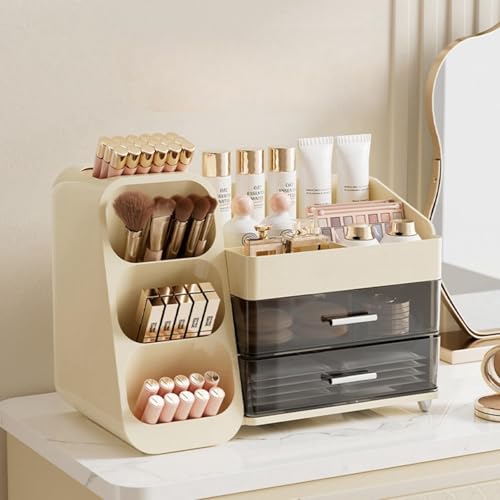 Booklov Makeup Organizer for Vanity, Large Capacity Cosmetic Display Case with Clear Acrylic Drawer, Countertop Beauty Storage Holder for Skincare, Brush Eyeshadow Lipstick Counter Desk, Crystal Cream - color: Crystal Cream, size: L01