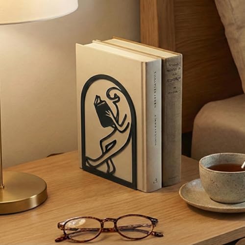 Black Metal Bookends for Shelves Decor Humorous Figure Cute Heavy Duty Bookends for Book Supports, Unique Book Stopper for Office Book Holder Shelf Accessories 1 Pair/2 PCS - style: Funny Reading
